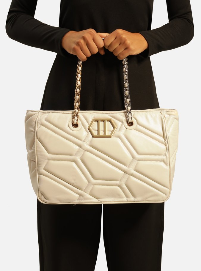 Bolsa Shopping Branca Couro Emma Grande Corrente