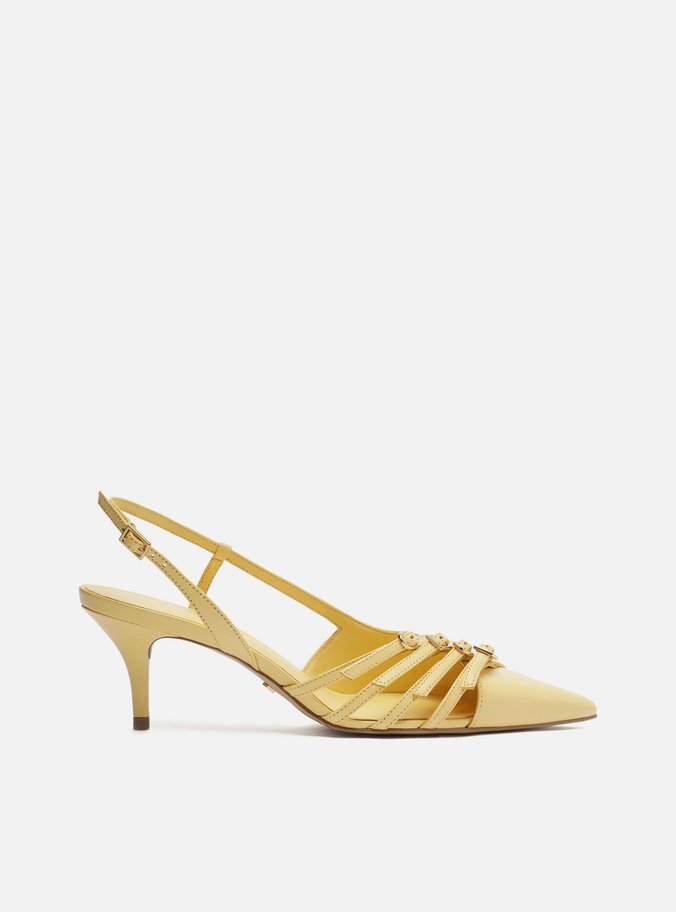 Scarpin Amarelo Couro Salto Kitten Tiras Fivelas