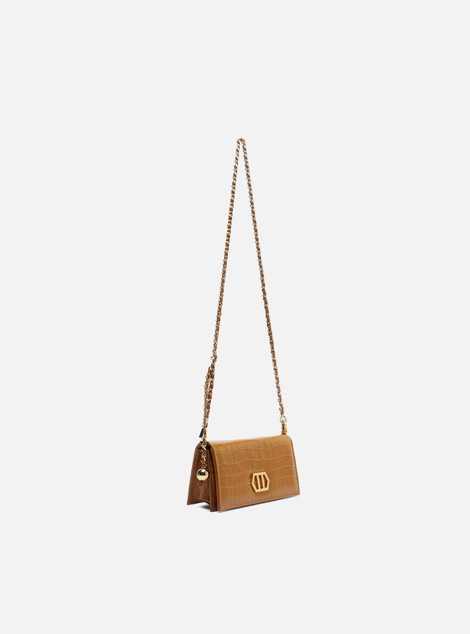 Clutch Marrom Couro Croco Pequena Metal