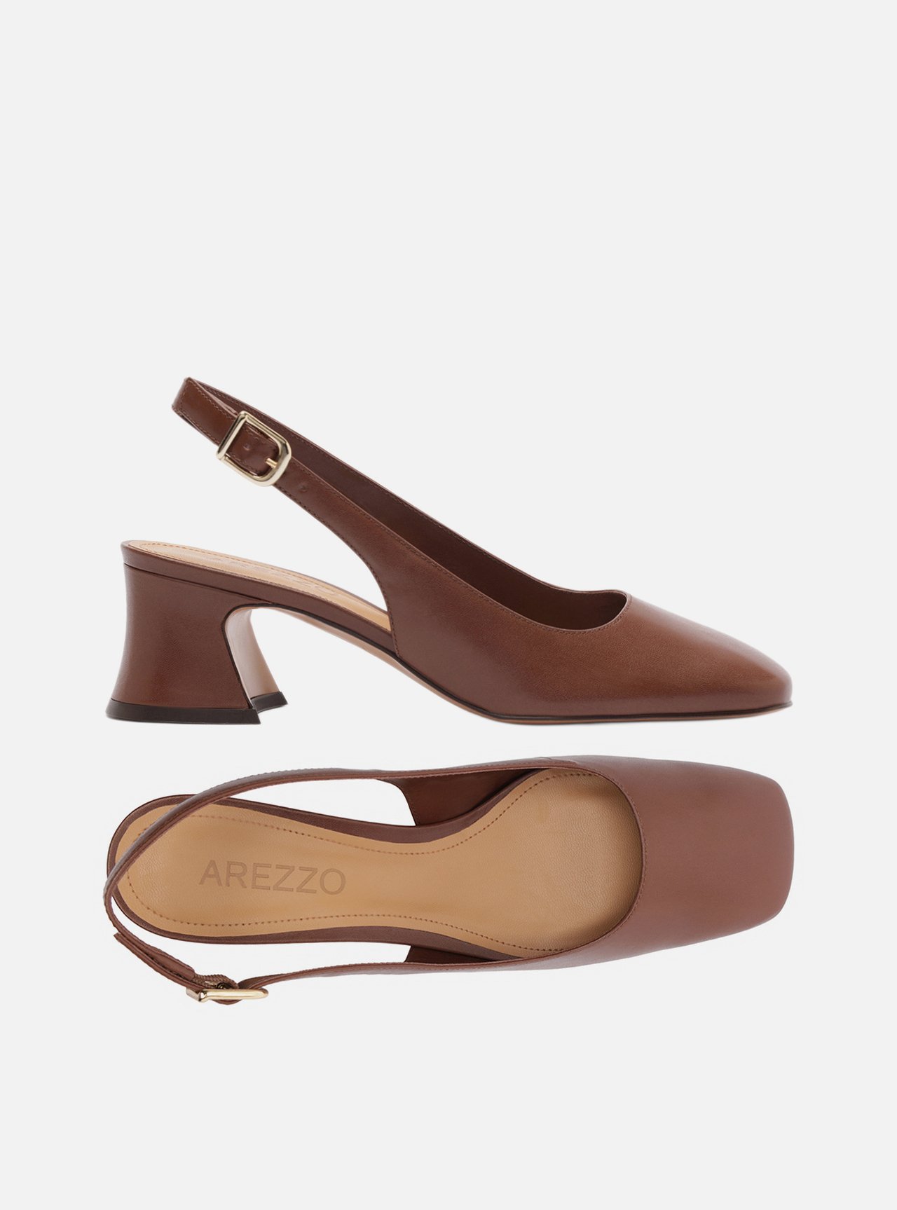 Scarpin Marrom Couro Bloco Bico Quadrado Slingback — foto 5