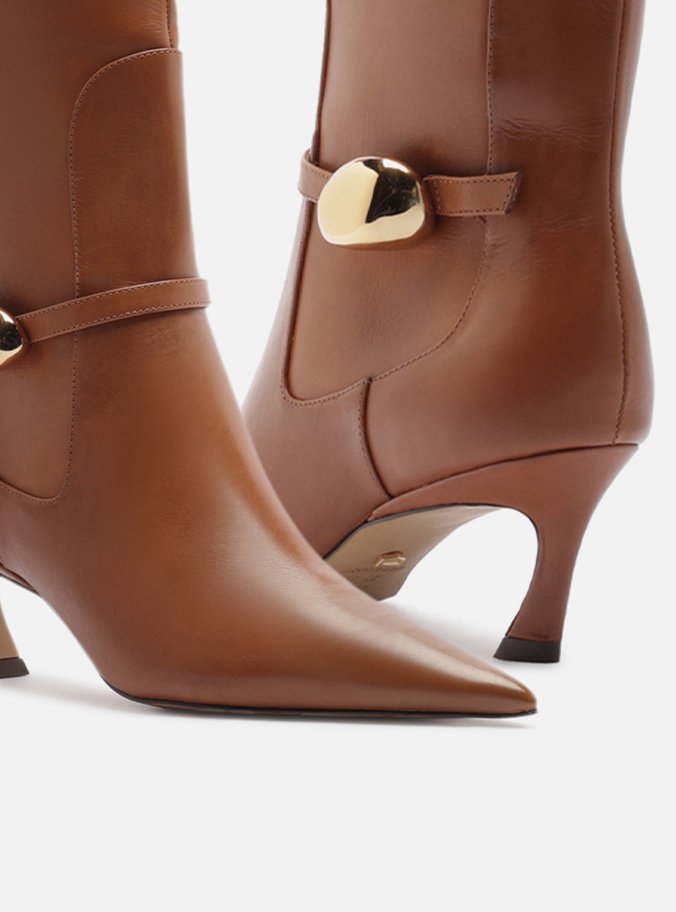 Bota Marrom Couro Salto Baixo Cano Longo Metal