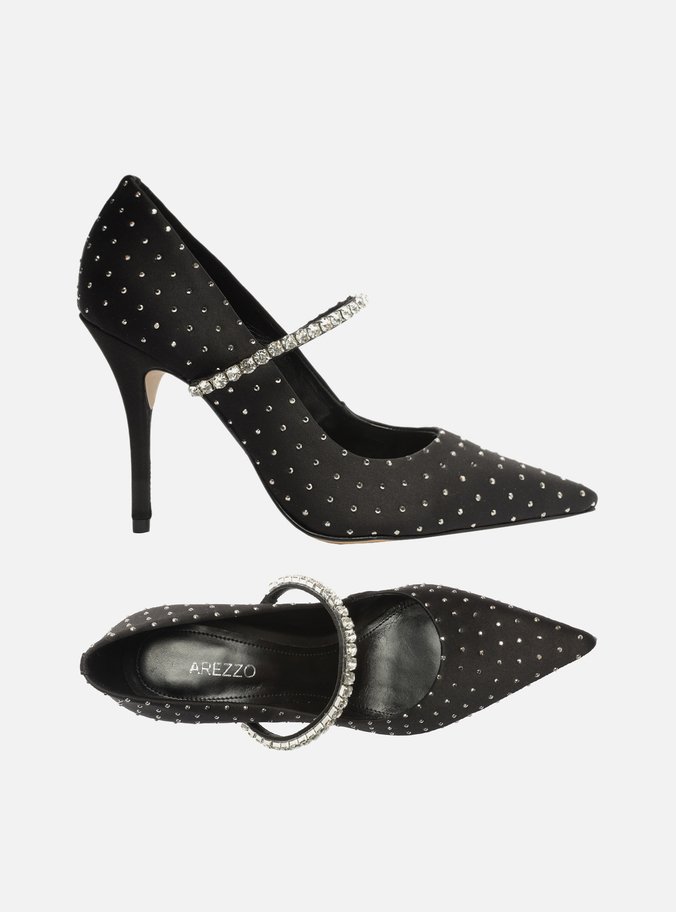 Scarpin Preto Salto Alto Bico Fino Strass Aysha