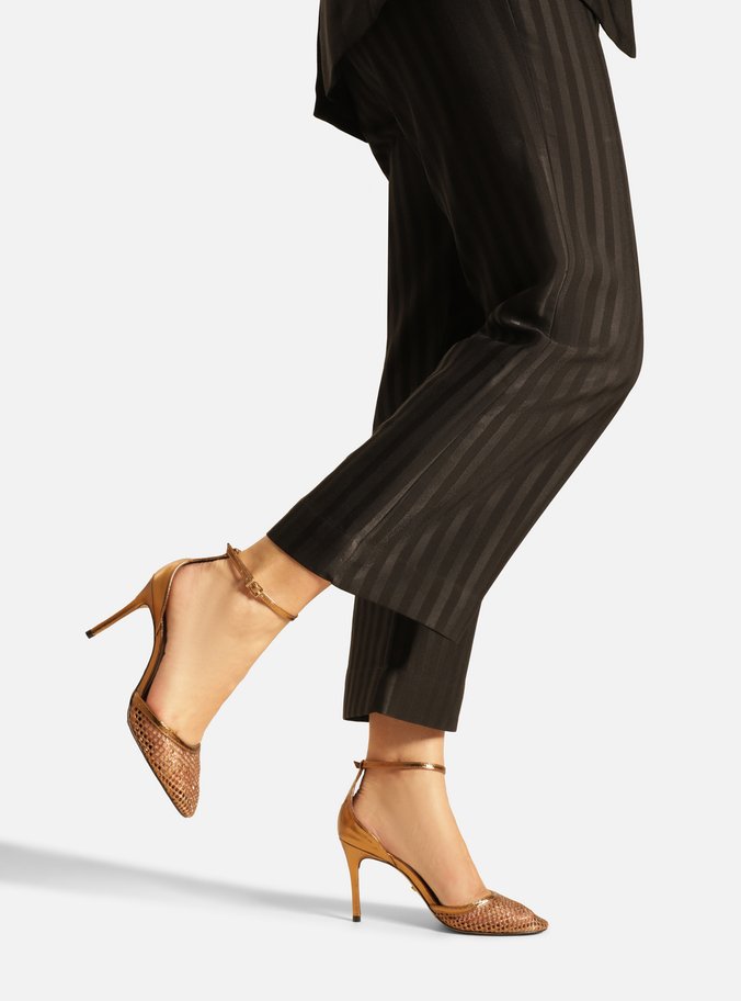 Scarpin Bronze Salto Alto Fino Aberto Tela