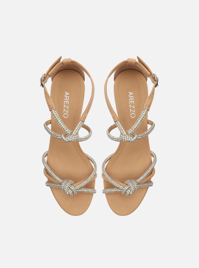 Sandália Nude Salto Bloco Strass