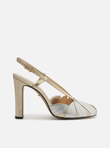 Scarpin Dourado Couro Salto Médio Folhas Prata
