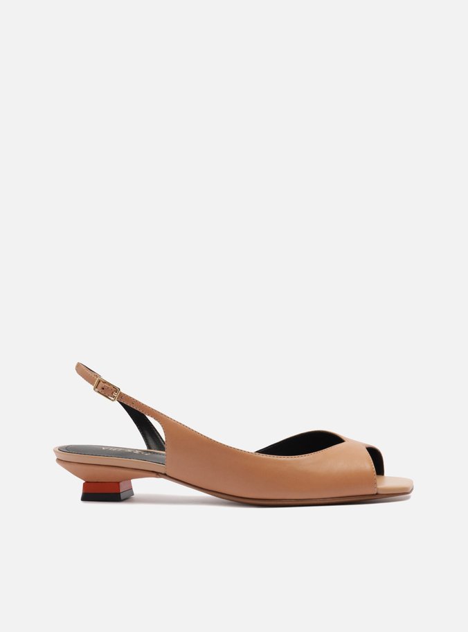 Scarpin Nude Couro Salto Bloco Slingback