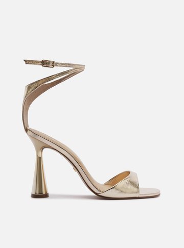 Sandália Dourada Couro Salto Alto Taça Tiras