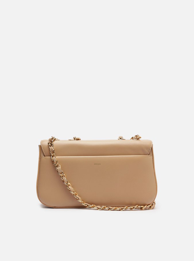 Bolsa Tiracolo Bege Couro Média Metal Flor
