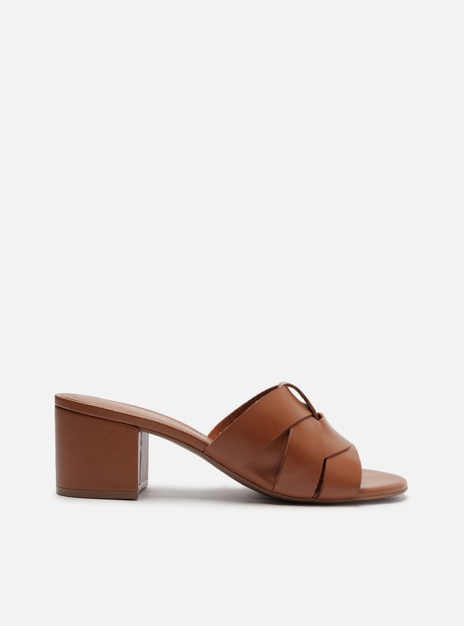Mule Marrom Couro Salto Bloco Cabedal Tiras