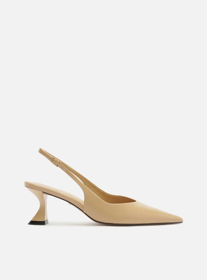 Scarpin Nude Couro Salto Geométrico Slingback