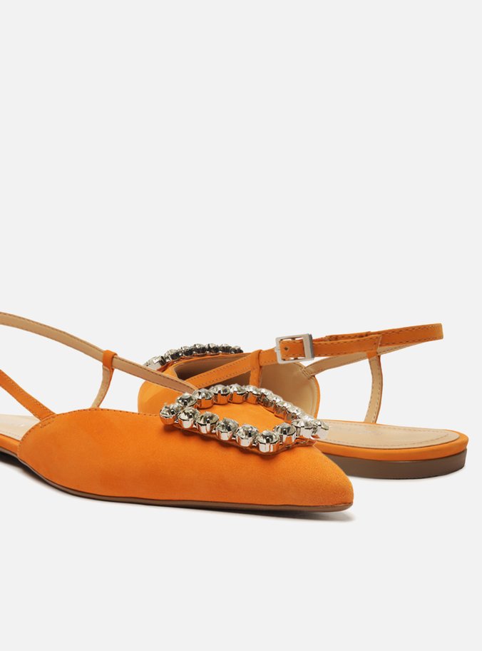 Sapatilha Laranja Nobuck Bico Fino Slingback Pedraria