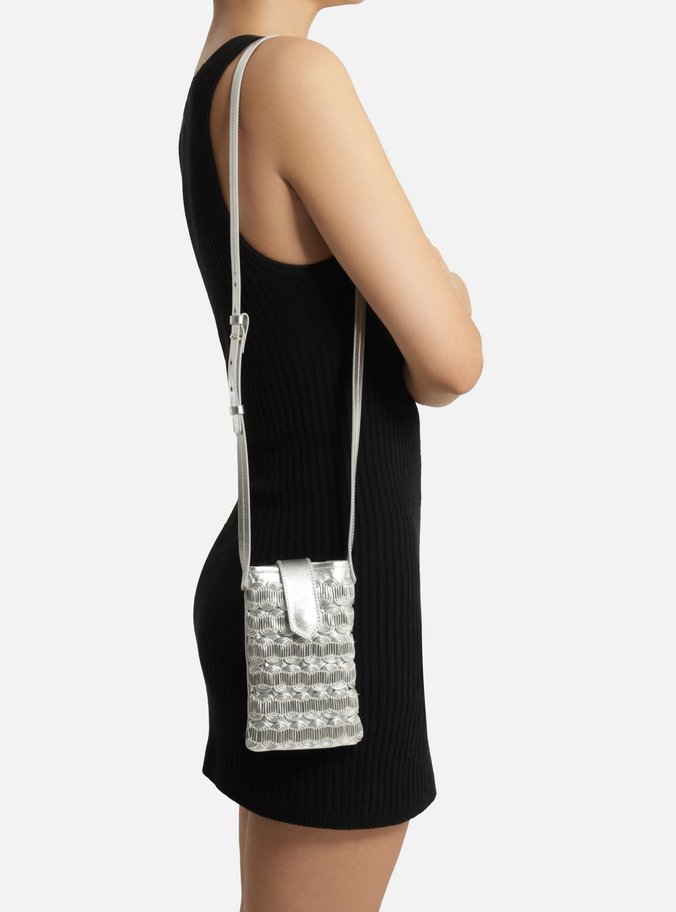 Mini Bag Prata Couro Porta-Celular Trama Curvada