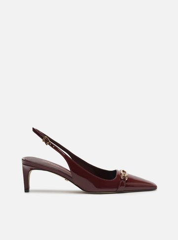 Scarpin Vinho Verniz Salto Baixo Slingback Metal