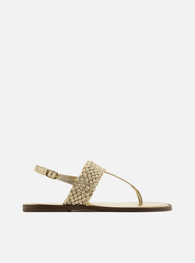 Sandália Rasteira Dourada Couro Tira Trançada