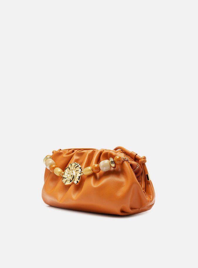 Clutch Laranja Couro Média Pedrarias Concha