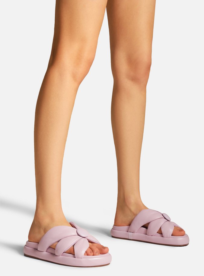 Rasteira Lilás Couro Flatform Tiras Botão