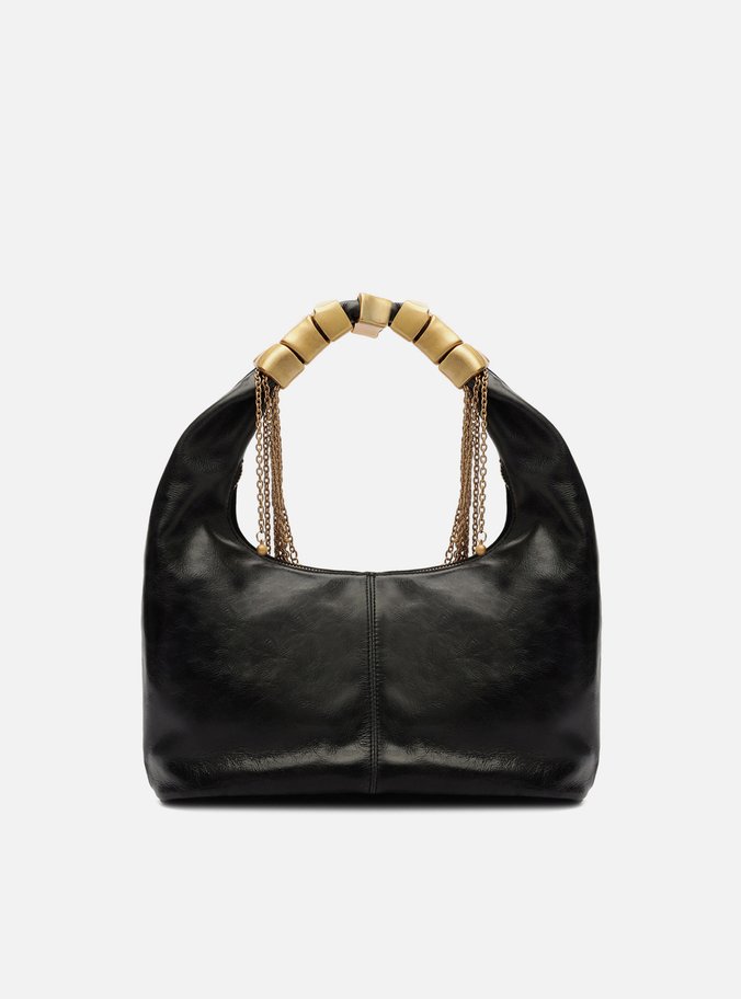 Bolsa Tiracolo Preta Couro Média Alça Metais