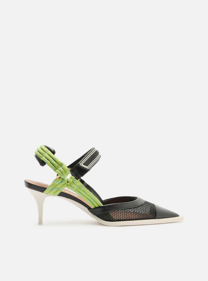 Scarpin Verde Tela Salto Baixo Slingback Cordão