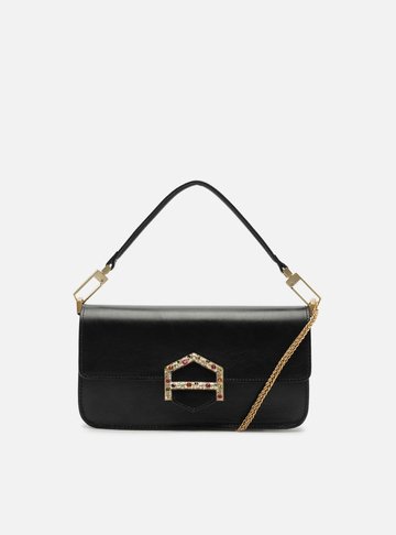 Bolsa Tiracolo Preta Couro A001 Média Pedrarias