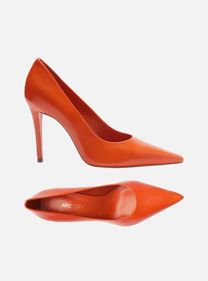 Scarpin Laranja Couro Salto Alto Fino Monocolor