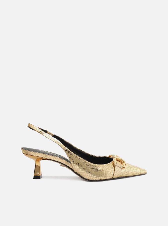 Scarpin Dourado Snake Bico Fino Slingback Bridão
