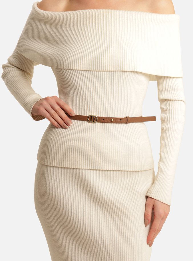 Cinto Marrom Couro Fino Fivela Hexagonal