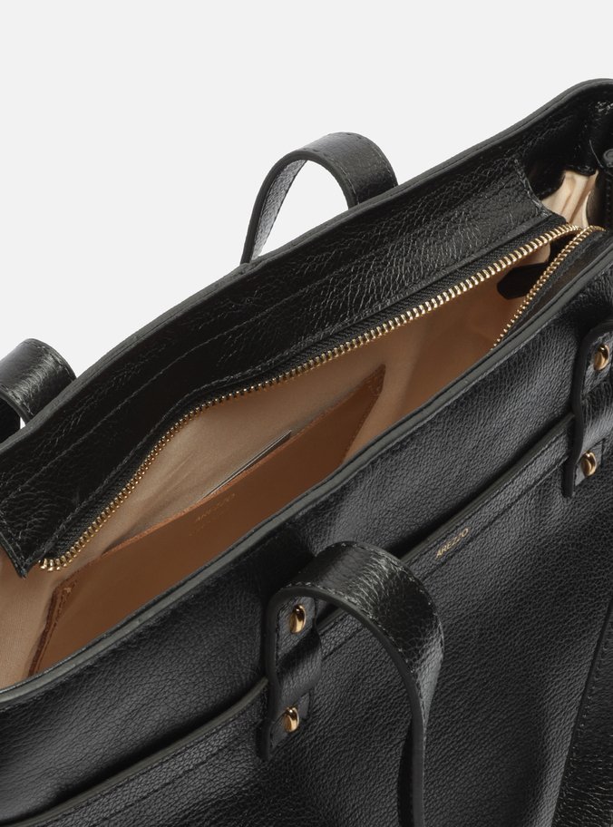 Bolsa Shopping Preta Couro Grande Fivelas