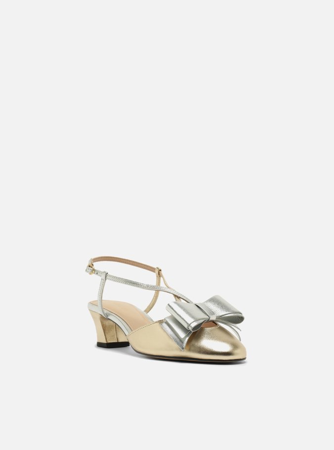 Scarpin Dourado Couro Salto Baixo Slingback Laço