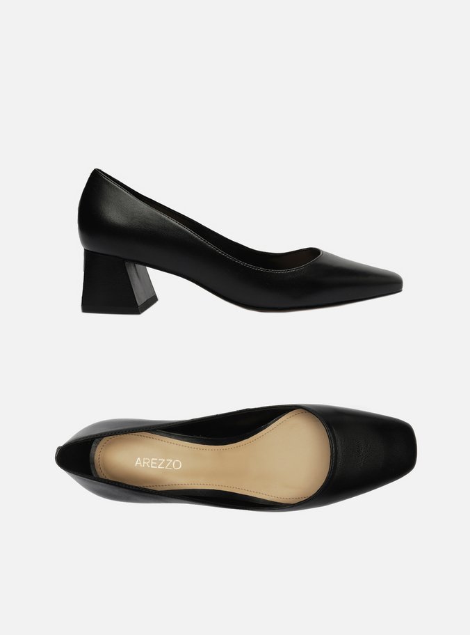 Scarpin Preto Couro Bloco Bico Quadrado