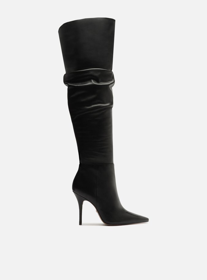 Bota Over The Knee Preta Couro Salto Fino