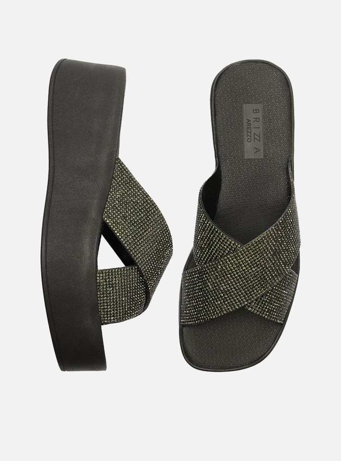 Tamanco Preta Flatform Tiras Strass Lulu