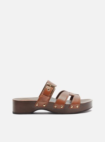 Sandália Clog Marrom Couro Flatform Lauren
