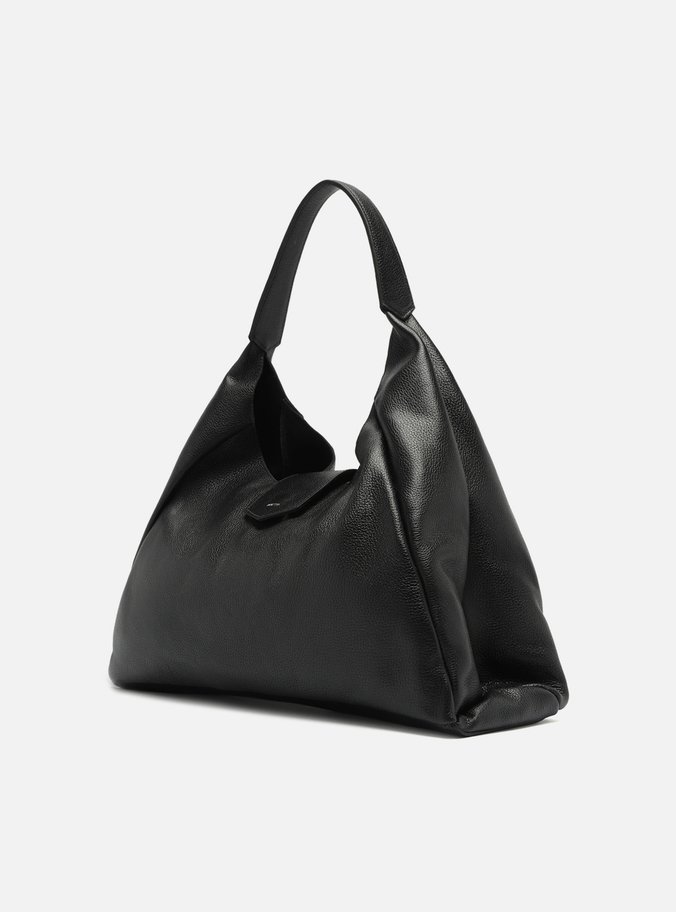 Bolsa Hobo Preta Couro Grande Lapela