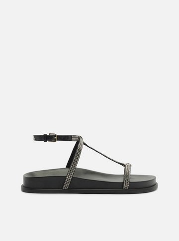 Sandália Papete Preta Couro Strass Elos Metálicos