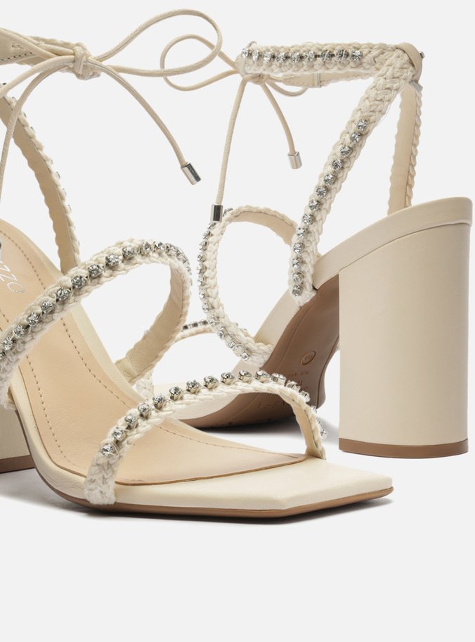 Sandália Off-White Salto Alto Bloco Strass Mykonos