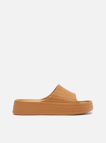Slide Marrom Camel Tressê Flatform Tira