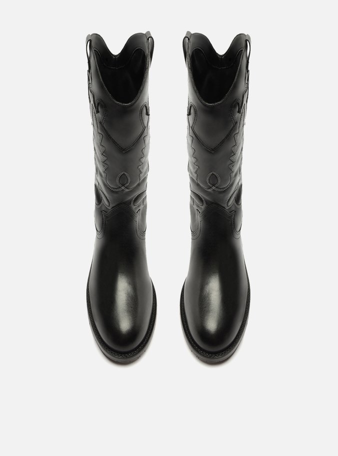 Bota Preta Couro Cano Longo Bordado Western