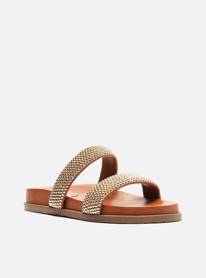 Sandália Papete Marrom Tiras Strass