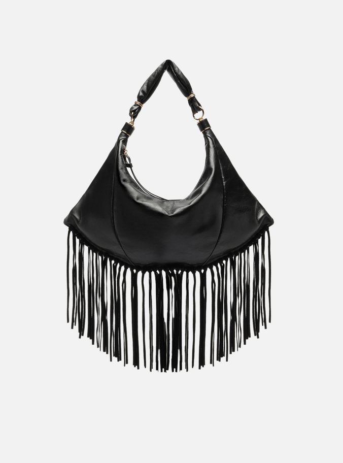 Bolsa Hobo Preta Couro Média Franjas