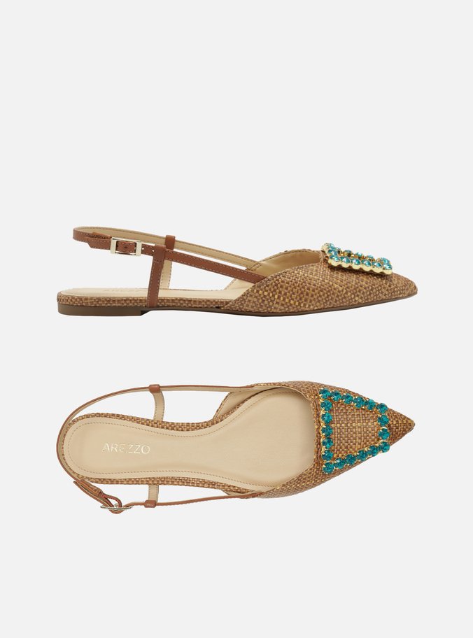 Sapatilha Marrom Tramada Bico Fino Slingback Pedraria