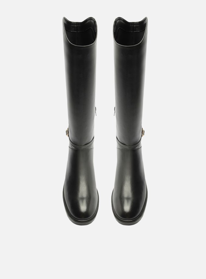 Bota Preta Couro Cano Longo Montaria Fivela