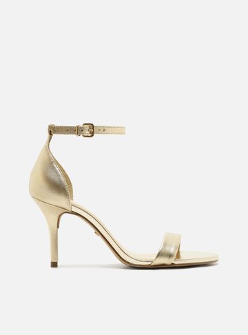 Arezzo — Sandália Dourada Couro Salto Médio Fino Isabelli