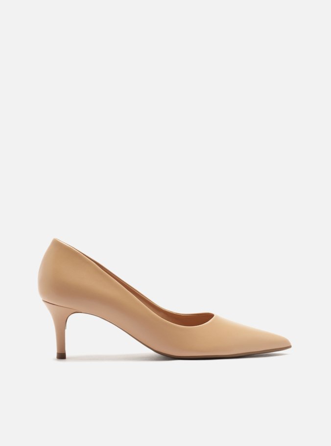 Scarpin Bege Couro Salto Baixo Fino Bico Fino