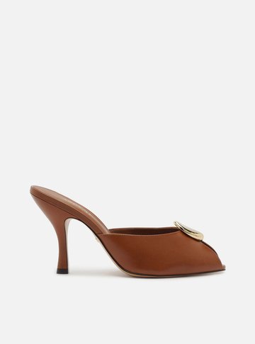 Mule Peep Toe Marrom Couro Salto Alto Metal