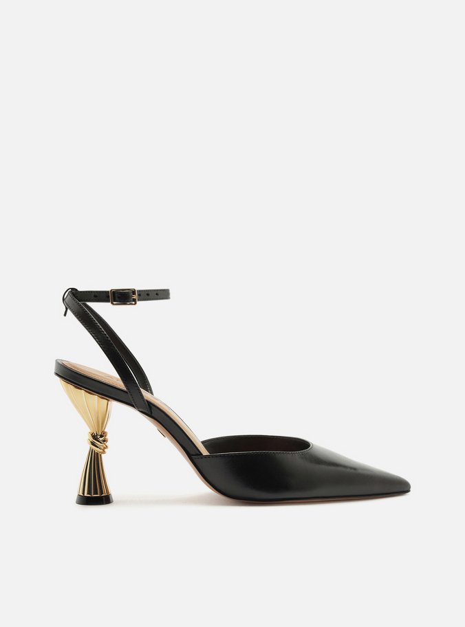 Scarpin Preto Couro Salto Geométrico Slingback