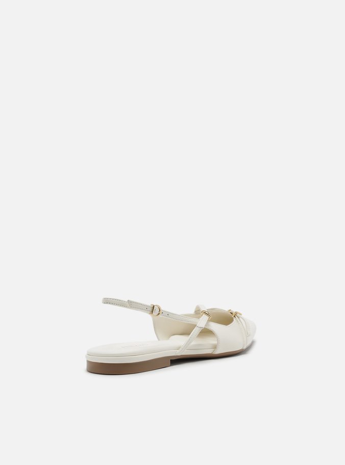 Sapatilha Branca Couro Bico Fino Slingback Fivelas