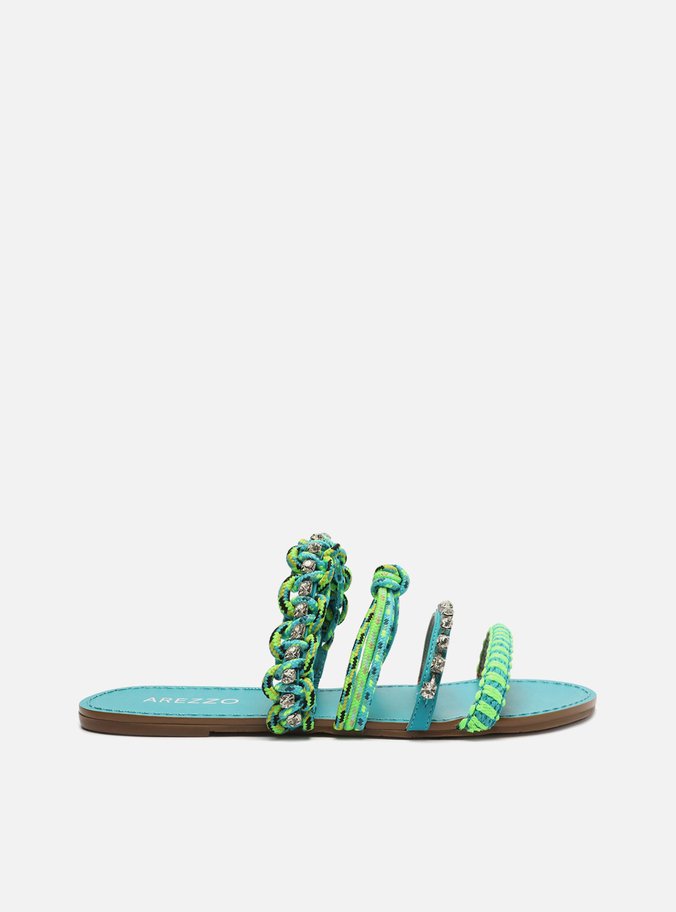 Rasteira Azul Flat Tiras Cristais Verde