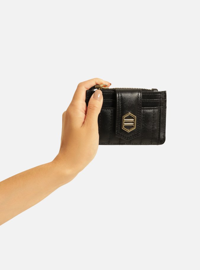 Porta-Cartão Preto Couro Matelassê Zíper