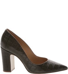 Scarpin Couro Croco Retrô Verde Musgo