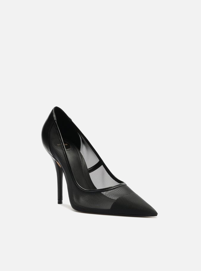 Scarpin Preto Tela Salto Fino Detalhe Couro